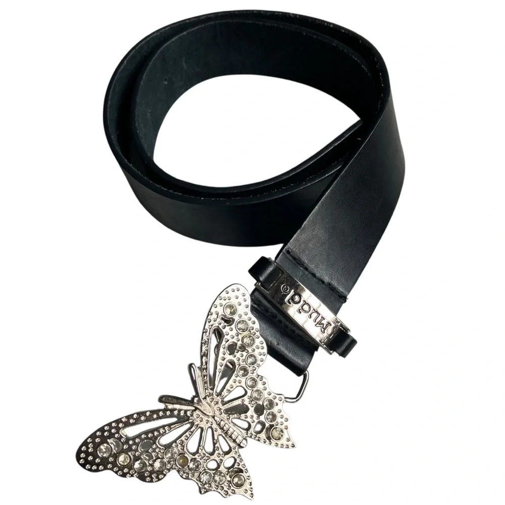 Vintage Y2K MUDD Butterfly Rhinestone Buckle‎ Leather Belt S / M RARE